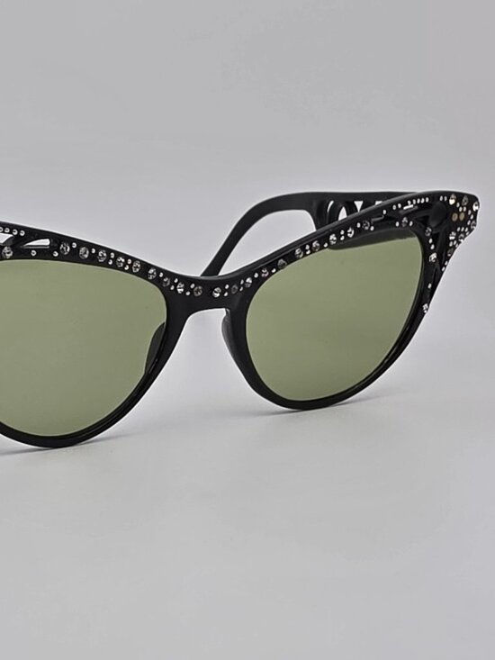 1950’s Black Rhinestone Frame G-15 Green Glass Lens Vintage Cat Eye Sunglasses main image 5